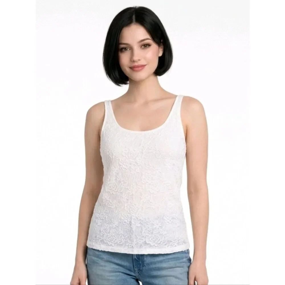 Chico's White Floral Lace Lined Stretch Knit Tank Top Size 3
